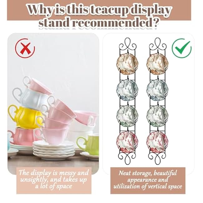 Blulu 2 Pcs 36'' x 5'' Tea Cup and Saucer Display Stand 4 Tiers Vertical Wall Mounted Cups and Plate Holder Wall Plate Hangers Decorative Brackets for China Coffee Mug Organizer Farmhouse (Black)