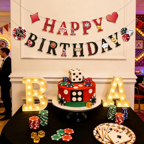 Image of Casino Happy Birthday Banner Casino Theme Birthday Decorations Poker Game Party Banners Garland for Las Vegas Themed Poker Game Night 21st Birthday Party Supplies