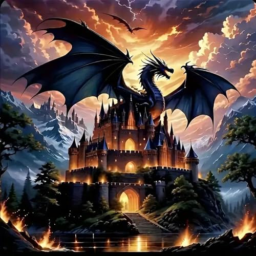 Image of Dragon Stamped Cross Stitch Kits for Beginners Adults, Castle Dimensions Needlepoint Art Crafts,Counted Cross Stitch Kits Embroidery Kits for Beginners Adults for Home Decor 13.8X13.8inch