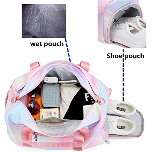 Weekender Duffel Sport Gym Bag Women Travel with Shoe Compartment Wet Pocket (Rainbow Pink)