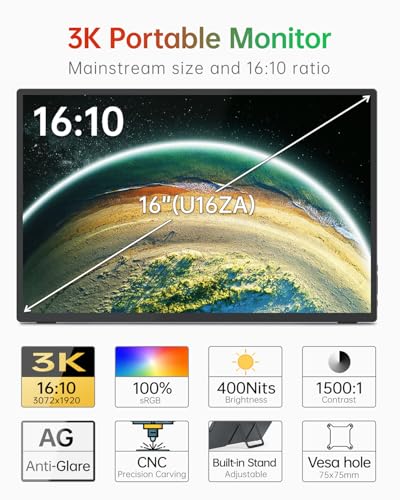 Image of Intehill 16 inch Portable Touchscreen Monitor 3K, 16:10 Touch Screen Display with Tempered Glass, 100% sRGB Travel Monitor with Adjustable Stand, Speakers, HDMI Second External Screen for Laptop, U16ZT