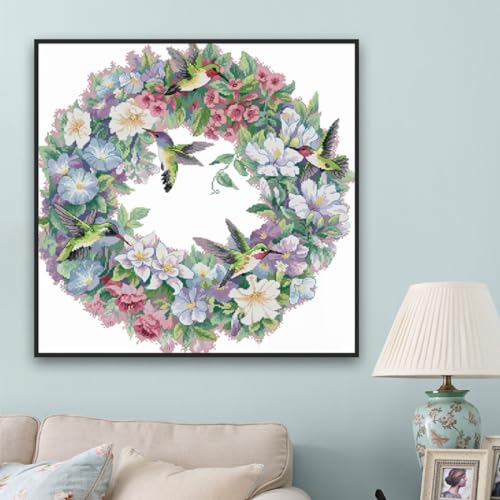 Image of Qeerysew Cross Stitch Kits Stamped Full Range of Embroidery Starter Kits for Beginners DIY -Printed Kit The Art of Hummingbirds(2) 14CT 20x20inches