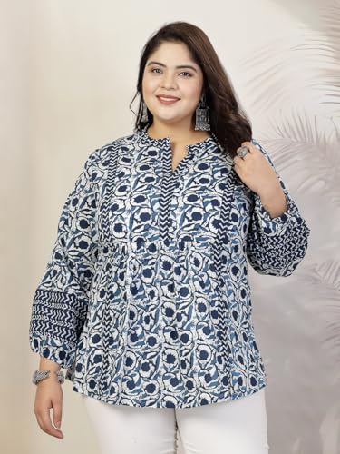 Image of Stylum Women's Plus Size Blue Floral Printed Pure Cotton Top | Plus Size Tops for Women Short Kurti