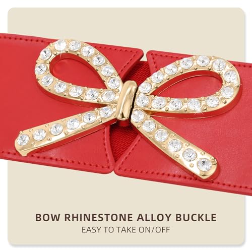Women Wide Stretchy Belts Bow Rhinestone Alloy Buckle Elastic Waist Belt for Dresses Jumpsuits Coats2