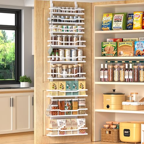 Over The Door Pantry Organizer, 9-Tier Over The Door Organizer with Adjustable Baskets, Metal Hanging Spice Rack for Pantry Organizers and Storage, Suitable for Kitchen Laundry Room & Bathroom, White