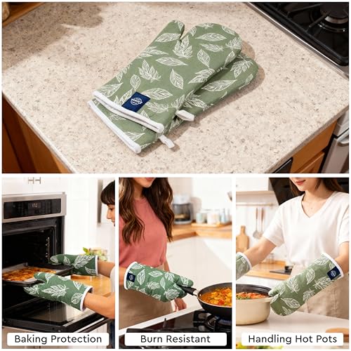 Image of Encasa XO Extra Long 18x35 cm Microwave Oven Gloves Mitts (2 pcs) for Kitchen Cooking - Big Leaf Green - Heat Resistant, Thick & Safe, Protection of Hands from Hot Utensils, Gas Flame, Grill, Barbecue