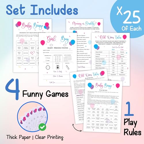 WOODAMORE Baby Gender Reveal Games for Guests - 4 Funny Baby Shower Games for Gender Reveal Party Decorations, Boy Or Girl Gender Reveal Ideas Baby Prediction Cards, Old Wives Tales Baby Bingo Game - Thumbnail 2