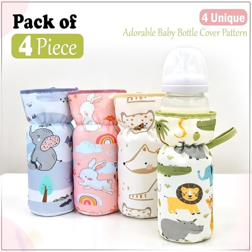 Image of GLUN Printed Baby Feeding Bottle Pouch with Lanyard Pack of 4, Cushioned Cotton Pouch, Keep Warm Baby Drinks, Glass, Plastic Bottle Insulator Bottle Protector Cover