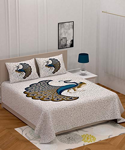 Image of 104 TC Pure Cotton Peacock Print Rajasthani Jaipuri Traditional Sanganeri Bedsheet with 2 Pillow Covers (Grey, Full Size)