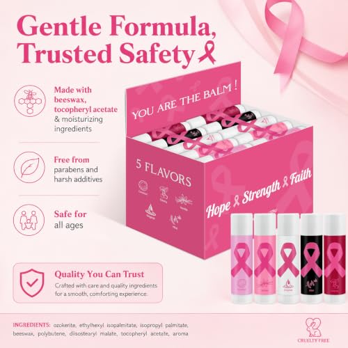 Image of 50 Pack Breast Cancer Awareness Moisturizing Lip Balms Bulk Thank You Gifts Pink Ribbon Party Favors Month You Are The Balm Beeswax 5 Flavors Giveaways Events Supplies Moisture for Women