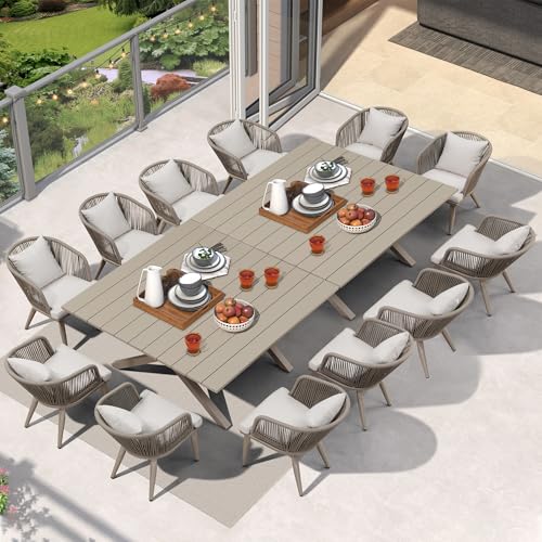 Image of PURPLE LEAF 14 Pieces Patio Dining Set Wicker Outdoor Furniture Oversize Rectangular Table and Chairs Set for Garden Deck Aluminum Frame Backyard Kitchen Set, Cushions and Pillows Included Champagne