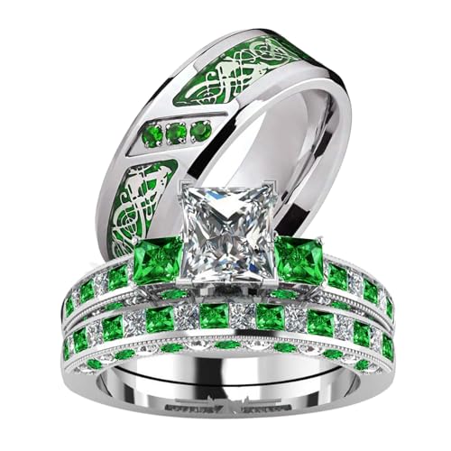Couple Rings White Gold Plated 925 Sterling Silver Ring Green Square 1.5CT CZ Women Wedding Ring Sets Men Titanium Steel Ring