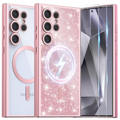 Ethanger for Samsung S24 Ultra Case with 2 Screen Protector Compatible with MagSafe, Magnetic Cover Shockproof Frosted Bumper with Glitter Card and Wrist Strap for Women Girls, Titanium Pink
