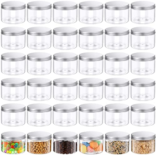 Thenshop 36 tarros de plástico transparente de 10 onzas de boca ancha, recipientes vacíos de masón con tapas acanaladas, tarros de plástico herméticos para alimentos, a prueba de fugas, recipientes
