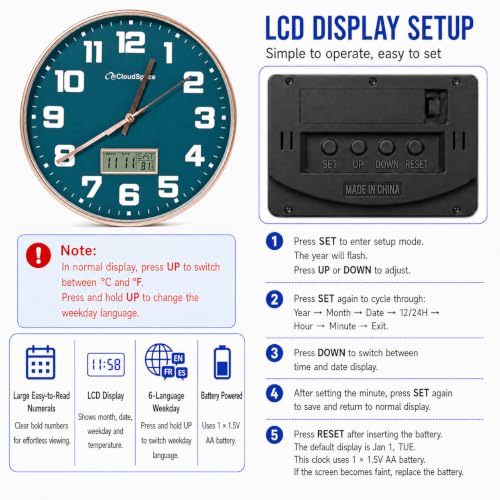 Image of Cloud Space 12 inch Silent Wall Clock Battery Operated, Non Ticking Modern Wall Clock with LCD Calendar & Fahrenheit Temperature Display, Easy-to-Read Kitchen Bedroom Office Living Room Wall Clock