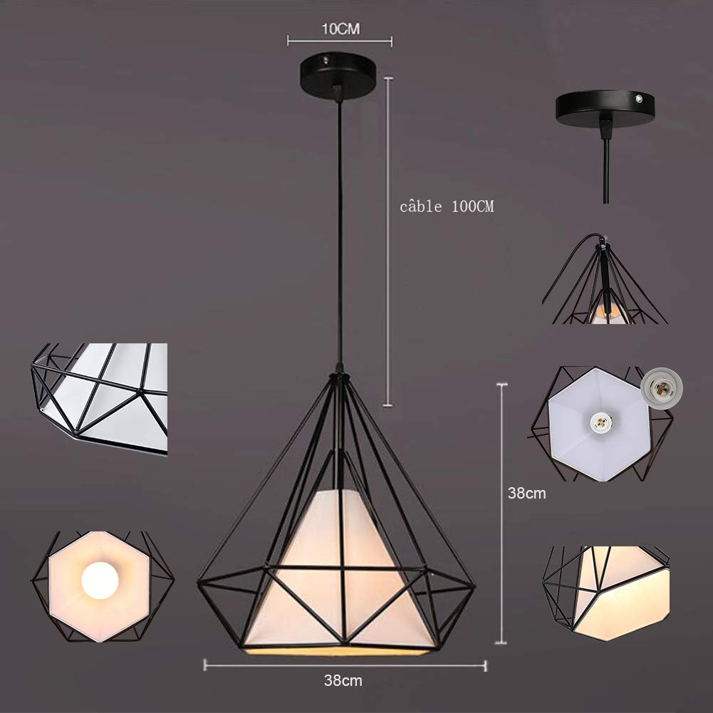 Lampadario A Sospensione Industriale In Metallo Diamantato Nero – E27, 25x25 Cm, Cavo Regolabile 100 Cm
