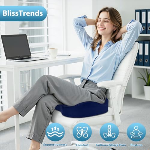 Image of BlissTrends Seat Cushion,5.2in Thick Memory Foam Cushions for Office Chair, Car Seat, Airplane, Relieving Pressure Tailbone Sciatica Back Pain for Long Sitting Office Workers, Car Drivers Blue