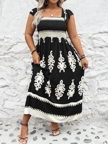 SHENHE Women's Plus Size Square Neck Tie Back Smocked Flutter Sleeve Flowy Maxi Boho Dress3