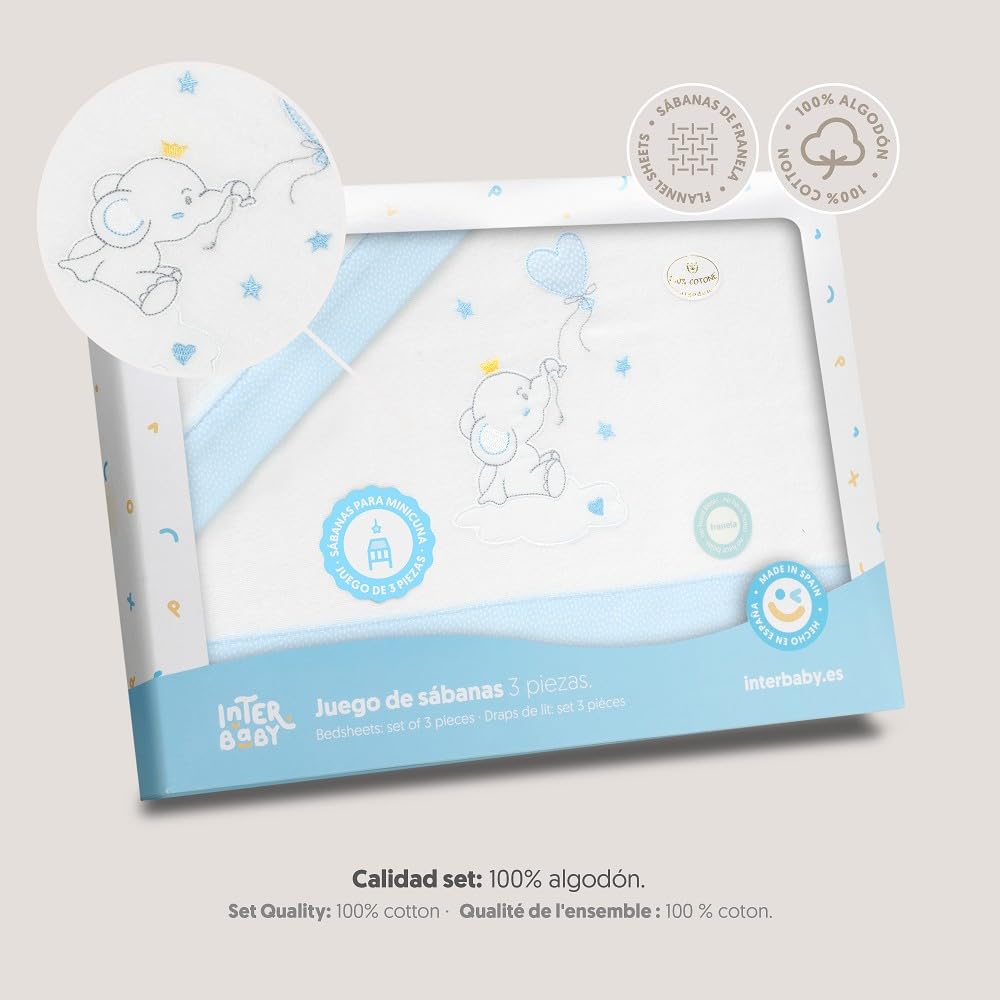 Interbaby - Set lenzuola minicla 50 x 80 cotone 100% | Lenzuola per lettino | Include lenzuolo inferiore, piano di lavoro e federa per cuscino | Ideale per primavera, estate | Coppia elefante bianco