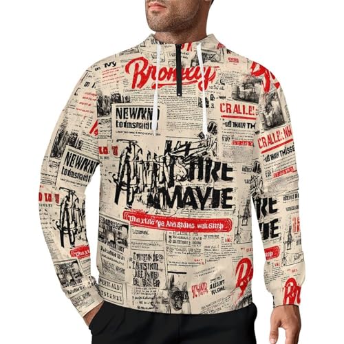 Newspaper Print Fall Men's Casual Long Sleeve Hooded Zip Up Pullover Sweatshirt