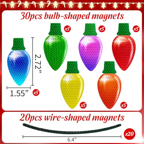 Image of 50PCS Christmas Car Refrigerator Decorations - 30 Reflective Bulb Light Shaped Magnets 20 Magnetic Wires Ornaments Set Xmas Holiday Cute Decor