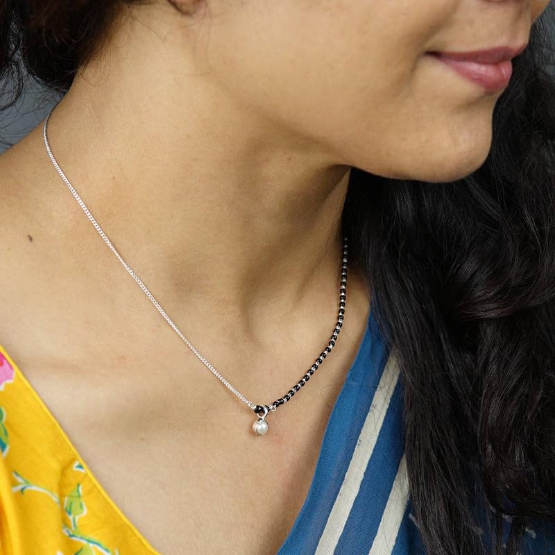 Image of 92.5 Silver Mangalsutra for Women | Handmade Half & Half Pearl Drop Silver Mangalsutra Made in with Black Beads | Silver Gift for Women