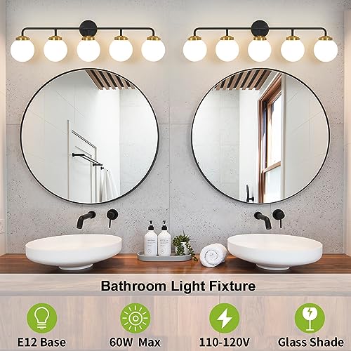 Image of Bathroom Light Fixtures 39in 5-Light Black Gold Vanity Lights for Mirror | Bathroom Lighting Fixtures over Mirror, ETL, Brushed Brass Wall Sconce, Dimmable E12 Base Max 60W, Milky Glass Ball Shades