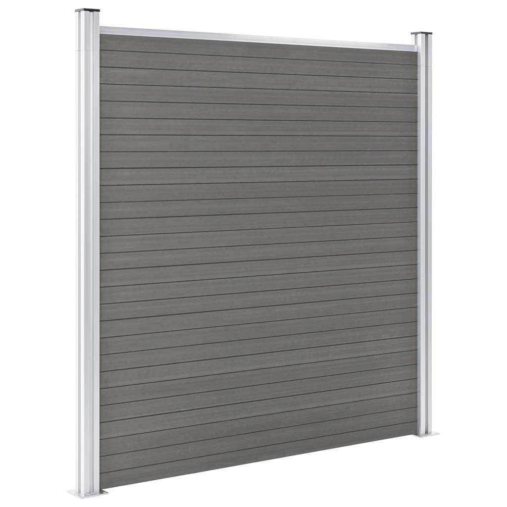 Garden Fence WPC 180x186 cm Grey, Wood Plastic Composite Privacy Fence Panel, Modular Outdoor Barrier for Security, Rot Resistant Fencing with Aluminium Top Profile and Steel Posts