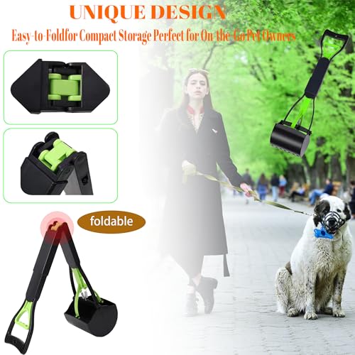 Image of Non-Breakable 24 Inch Portable Dog and Cats Poop Scooper with Foldable Long Handle, 20 Pet Waste Bags & 1 Dispenser, Set for Yard, Grass,Ideal for Large & Small Dogs (Green)