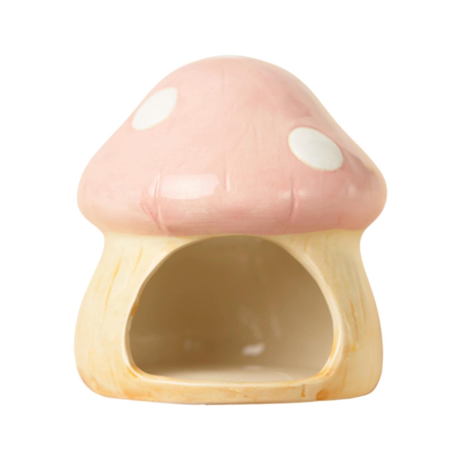 Fenteer Pink Mushroom Shaped Hamster Hideout, Ceramic Hamster House Hamster Hide and Habitat for Summer Gerbil Hideout for Small Animals Hamster Gerbil Mice Golden Bear, Large