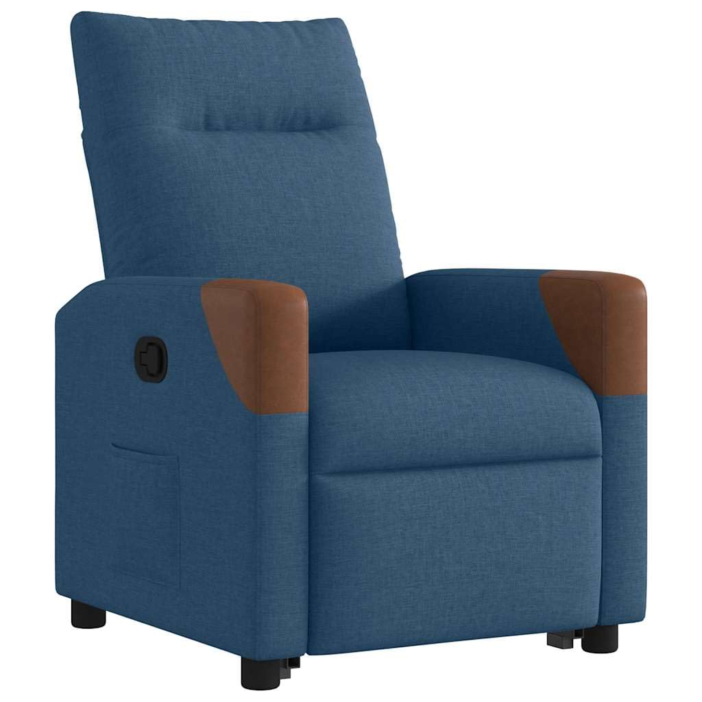 Poltrona relax elettrica con rivestimento in tessuto blu, schienale regolabile fino a 135 gradi, robusta struttura in legno e metallo, comoda poltrona imbottita per soggiorno e angolo lettura