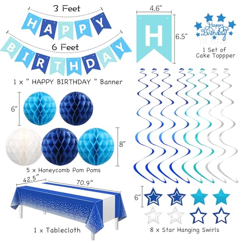 Image of Blue White Birthday Party Decorations Supplies Happy Birthday Banner Honeycomb Balls Fringe Curtain Foil Balloons Hanging Swirls Cake Topper Tablecloth Party Supplies for Boys Men