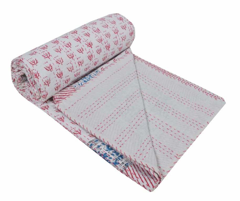 V Vedant Designs Indian Cotton Block Print Kantha Quilt Twin Size/Queen Size Kantha Quilt Twin Coverlet Quilt Throw Bohemain Bedspread Blanket (Pink, Queen (U.S. Standard))