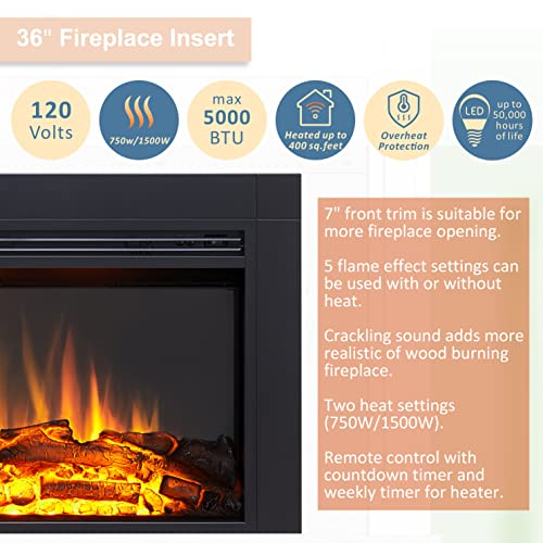 Image of LegendFlame Jaden 36 inch W x 22 inch H (EF376) Electric Fireplace Insert with Front Trim Kit, Fire Crackling Sound, 750W /1500W Heater, Remote Control