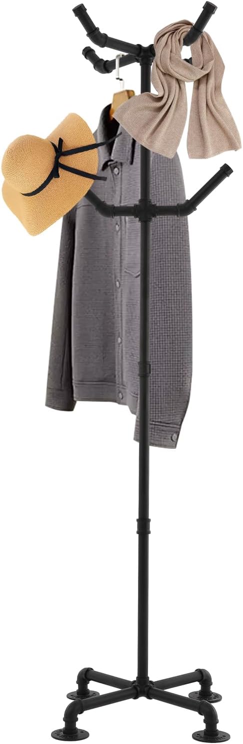 20inch Height Industrial Pipe Coat Rack, 6-Hook Clothes Rack, Freestanding Clothing Stand Rack, Metal Heavy Duty Coat and Hat Hanger Organizer Rack with 50lbs Loading (Black)