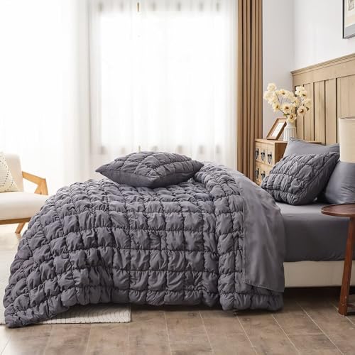 Image of Grey Comforter Set King Size Bed in A Bag 7 Piece Pinch Pleat Bedding Set, Pintuck Ruched Square Bed Set with Comforter, Sheets, Pillowcases & Shams