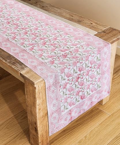 Image of Ravaiyaa - Attitude is everything Cotton Hand Block Printed Table Runner Bed Runner Table Bed Decor (White Pink Green Floral)