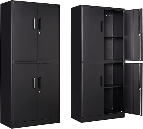 Gabinete de almacenamiento de metal, gabinete de metal de 71 pulgadas de alto con 4 puertas y 2 estantes ajustables, gabinete de acero con bloqueo