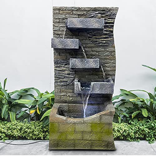 Easygoproducts 4 Tier Rock Water Fountain With Led Light Made From Fiberglass Resin - Outdoor Or Indoor, Large 40” Tall X 20” Wide, Grey #TOP4