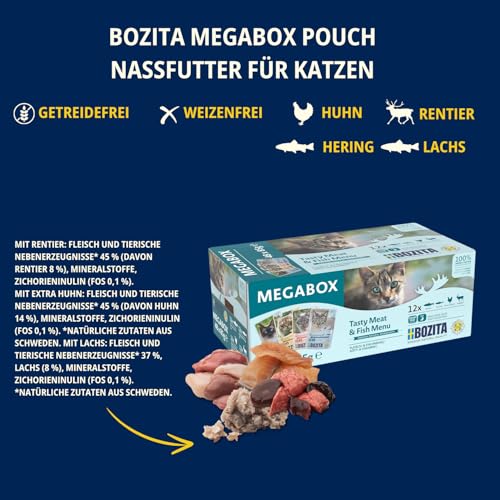 Bozita Nassfutter Megabox Häppchen in Sauce mit Huhn, Lachs & Hering 48×85 g Portionsbeutel getreidefreies Futter Katzennassfutter Mixpack mit hohem Fleischanteil für gesunde Ernährung-3