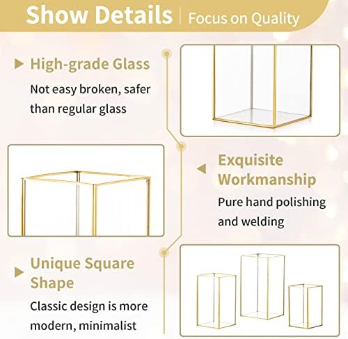 Nuptio Hurricane Candle Holder Glass - Set of 3 Decorative Candle Lantern for Pillar, Tempered Glass Candleholder Outdoor for Wedding Christmas Halloween Living Room Tabletop Fireplace Home Decor Gold