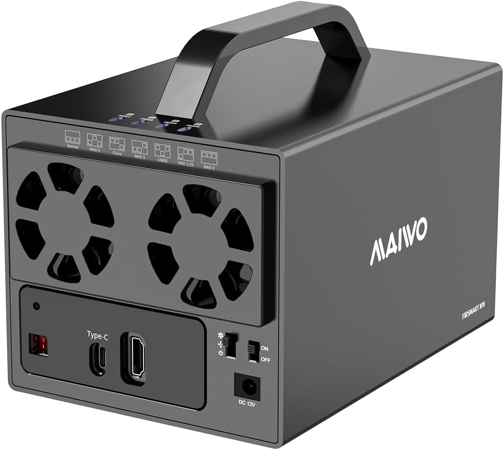 MAIWO USB-C 4 Bay HDD RAID Enclosure for 2.5" 3.5" SATA Drive with Cooling Fan, USB A-C 3.1 & C-C Cable Included, Supports Raid Normal,0,3,5,1/10,Clone/Large(jbod) & 96TB Capacity, DAS(NOT NAS)