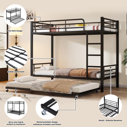 Merax Letto a castello in ferro per bambini e ragazzi, con letto estraibile, 90 x 200 cm e 90 x 190 cm, nero, con griglia laterale e scala, design salvaspazio, certificato EN747