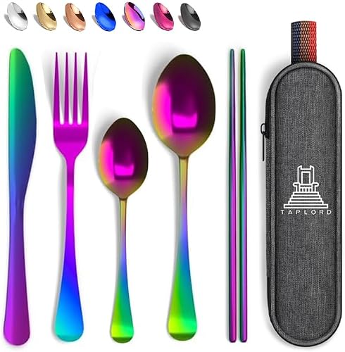 Travel Utensils With Case, 5 Pcs portable silverware set (Multi) | Taplord Travel silverware set with case, Stainless Steel, Reusable, Lightweight, Rust-Resistant, Ideal for Travel & Outdoor.