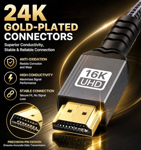 Image of 16K HDMI to HDMI 2.2 Cable 3FT, 96Gbps Ultra High Speed, 8K@240Hz, 4K@480Hz, eARC, VRR, Braided HDMI Cord with Gold-Plated Connectors for PS5, Xbox, Gaming PC, Monitor & TV