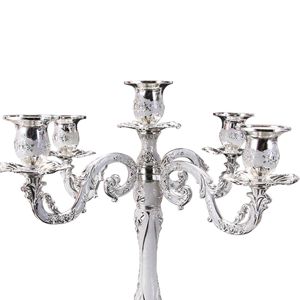 Candeliere a Colonna in Metallo, Elegante Regalo di Nozze, Raffinata Decorazione da Tavola in Stile Europeo, Portacandele a 3/5 Teste, Regalo per L, 5 Braccia Argento