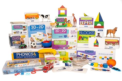 Language Builder 14 Box Set of Flashcards Photo Vocabulary Autism Learning Products 1900 Photo Cards, Blocks, Beads, 64 Realistic 3D Items, 1600 Sight Words and Letter Cards, Reading Curriculum