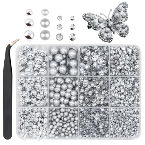 qiipii 3mm-8mm Silver Flatback Pearls and Rhinestones for Bedazzling Crafting Half Pearls Resin Stones Diamonds Gems Crystals Bedazzler Kit for Nails Face Eyes Makeup Tumblers Bottles DIY Crafts Shoes