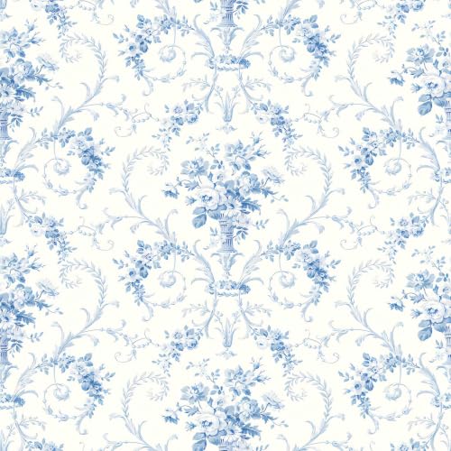 Chinoiserie Peel＆ Stick Wallpaper, 15.75" X 118", Floral, Blue and White