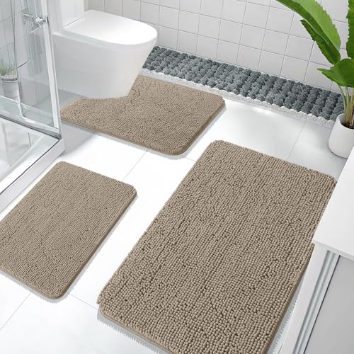OLANLY Bathroom Rugs Sets 3 Piece, 36"x24"+24"x16"+24"x20", Warm Taupe